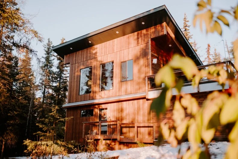 Cozy Cabin Surrounded by Snow, Cedar Planks on Outside Exterior